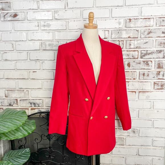 Vintage 80s 90s Sag Harbor Wool Bold Red Double Breasted Blazer 10 - Picture 1 of 9